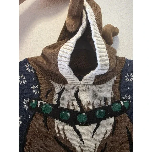 Ugly Christmas Sweater Deer Hooded Antler Mens Large Black Long Sleeve - Picture 2 of 9